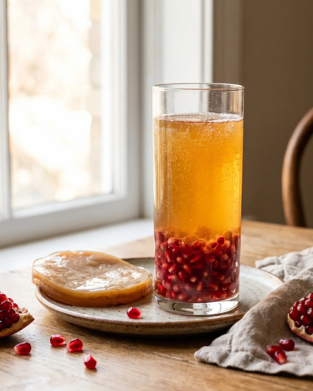kombucha et hypertension Grand verre de kombucha avec grenade et graines au fond, éclairé par une lumière douce de fenêtre