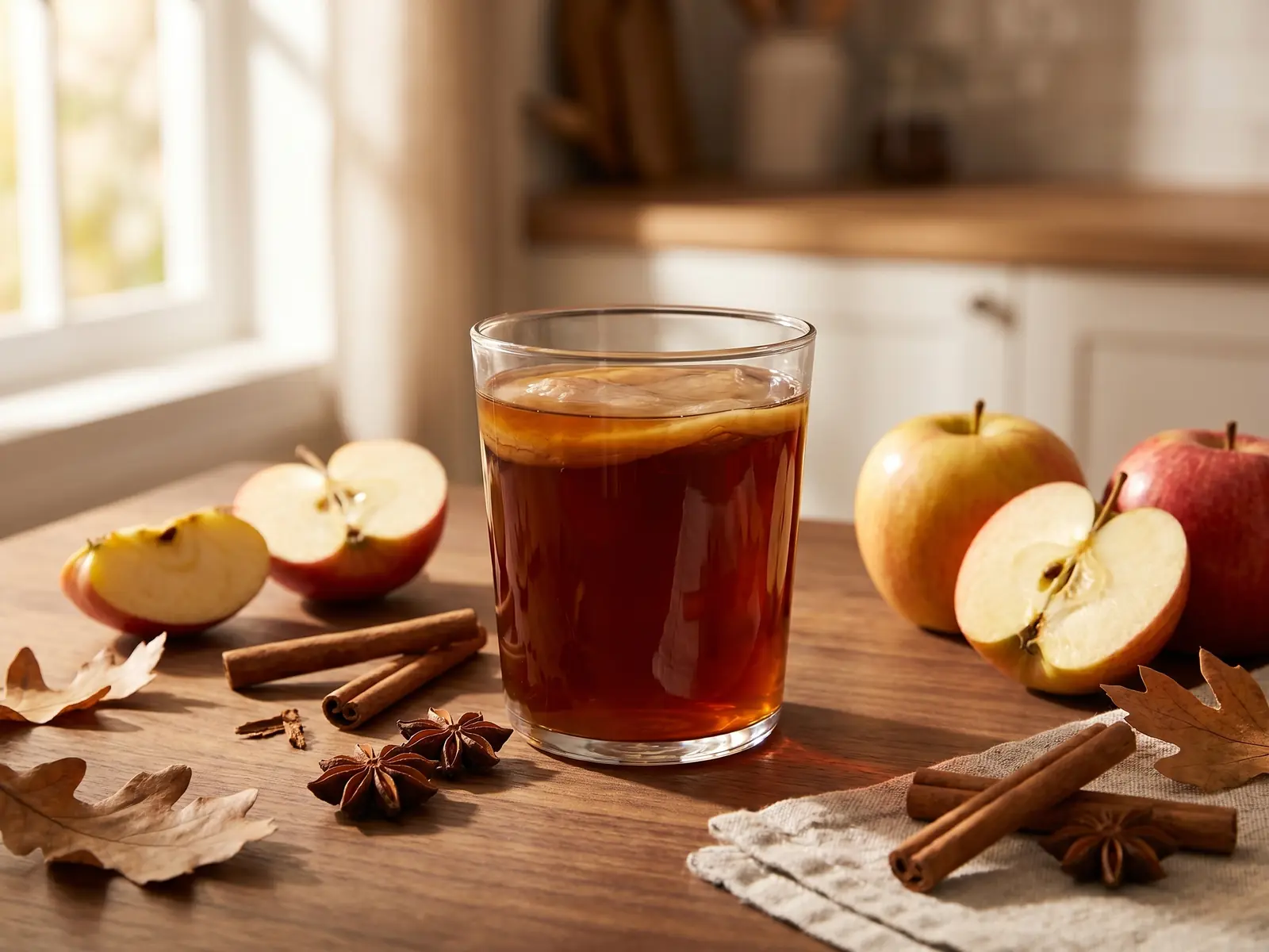 kombucha et perte de poids Verre de kombucha foncé avec pomme et cannelle sur une table en noyer, dans une ambiance automnale.