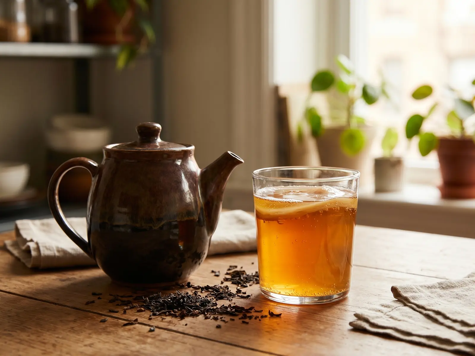 Verre de kombucha pr&egrave;s d&rsquo;une th&eacute;i&egrave;re en c&eacute;ramique et de feuilles de th&eacute; dans une cuisine chaleureuse