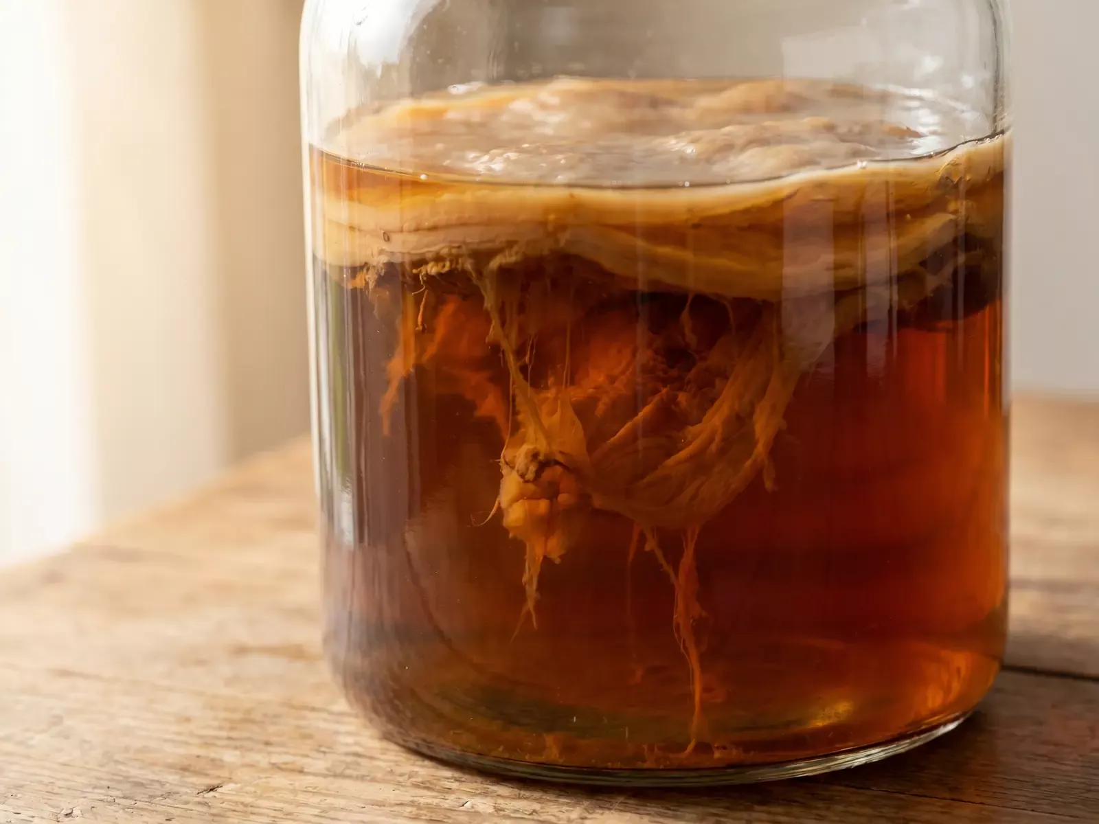 Filaments bruns suspendus sous un SCOBY de kombucha dans un bocal en verre &eacute;clair&eacute; de c&ocirc;t&eacute;.