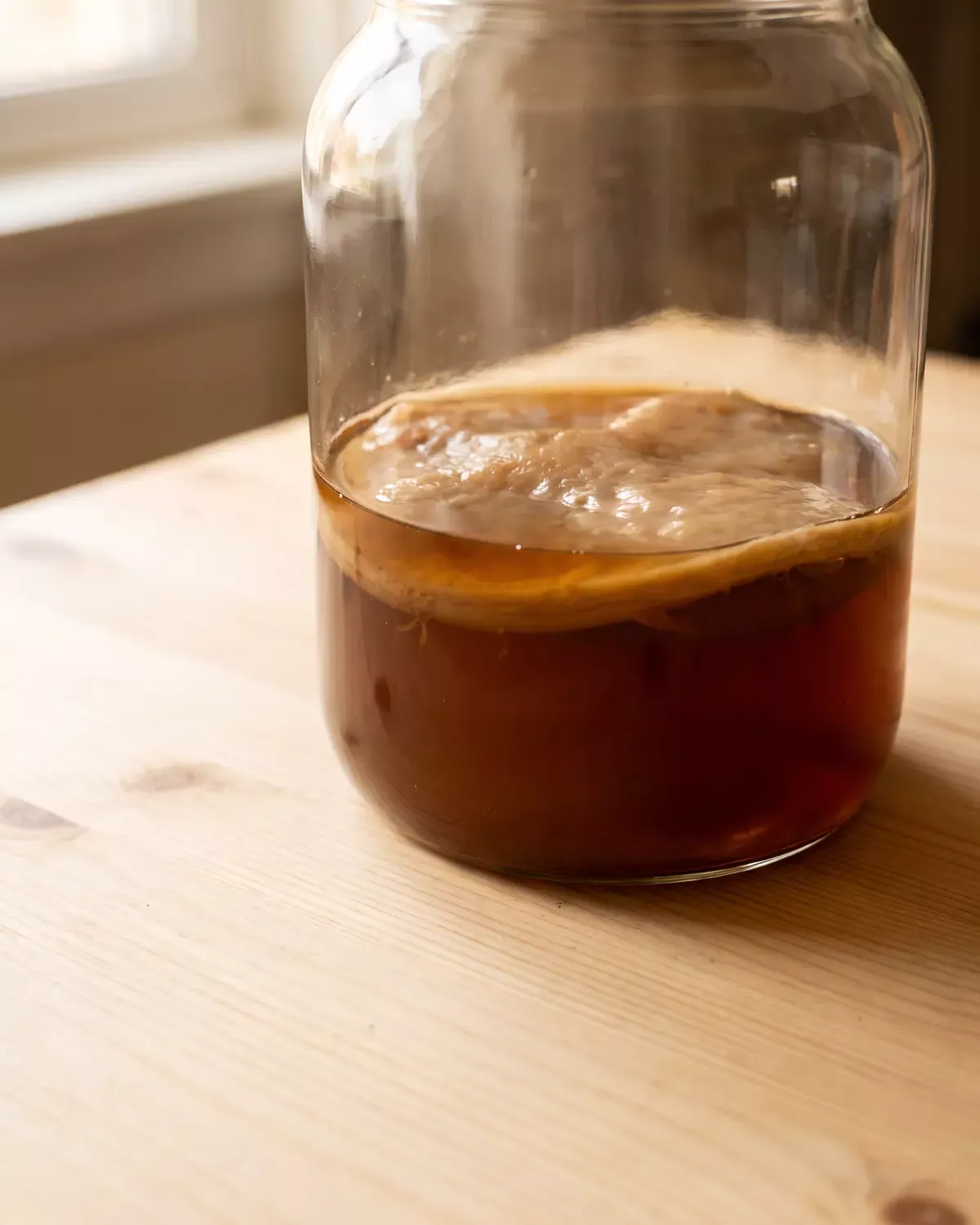 Vue verticale d&rsquo;un bocal de kombucha sur pin clair, avec un SCOBY ambr&eacute; agrandi par le verre.