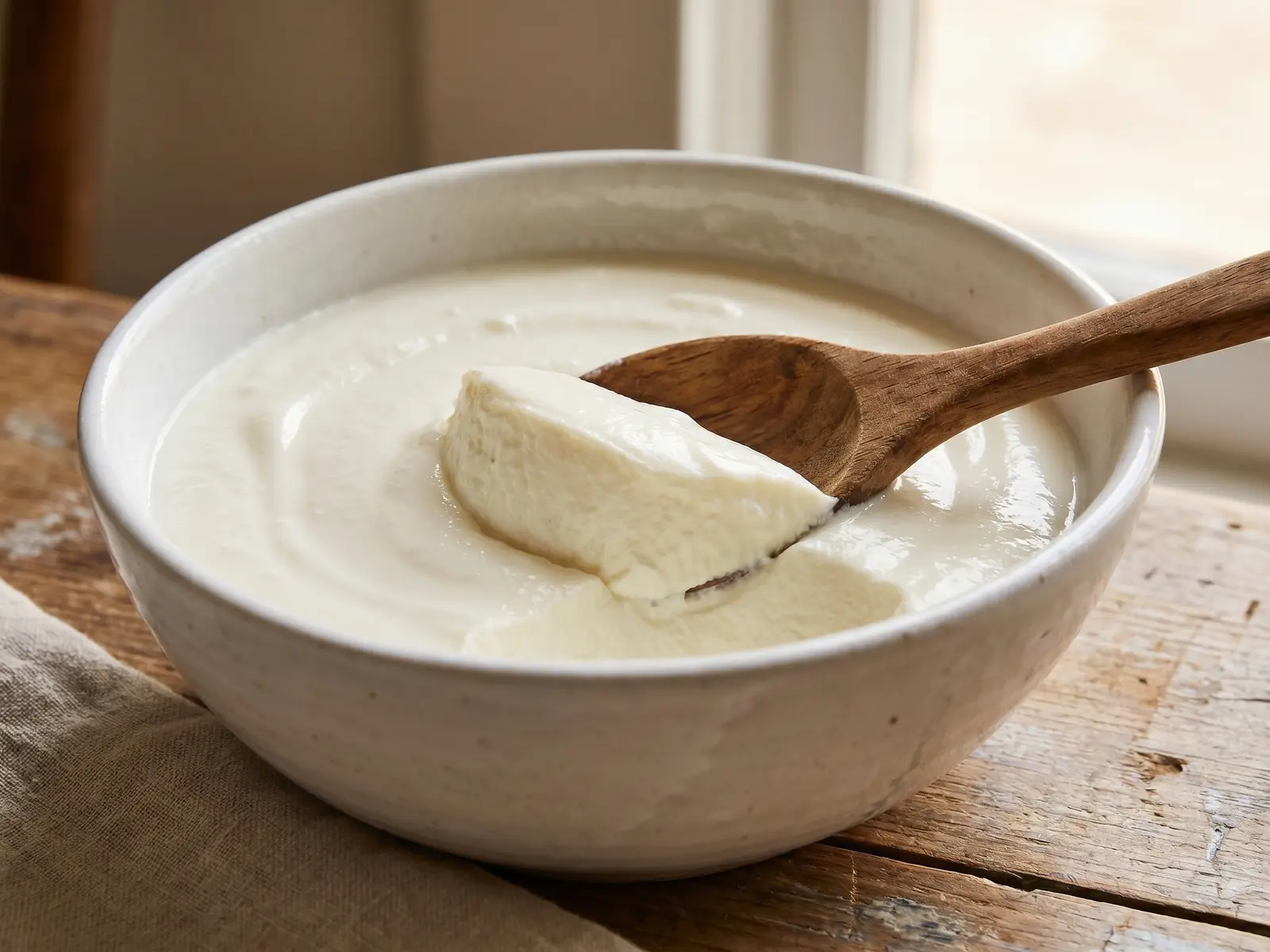 Yaourt ferme dans un bol blanc, d&eacute;coup&eacute; &agrave; la cuill&egrave;re en bois, avec une texture dense et lisse.