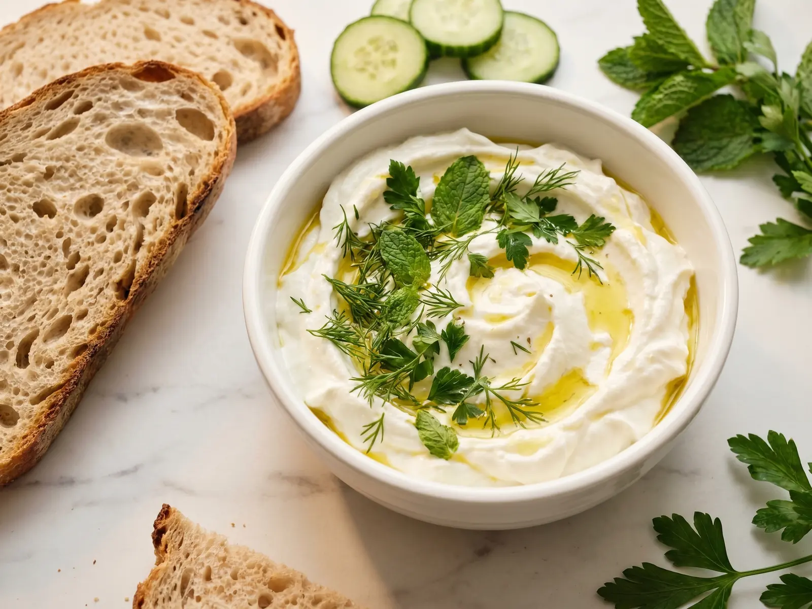 kefir yaourt bienfaits Bol de yaourt battu aux herbes fraîches, avec concombre et pain rustique sur un plan en marbre.