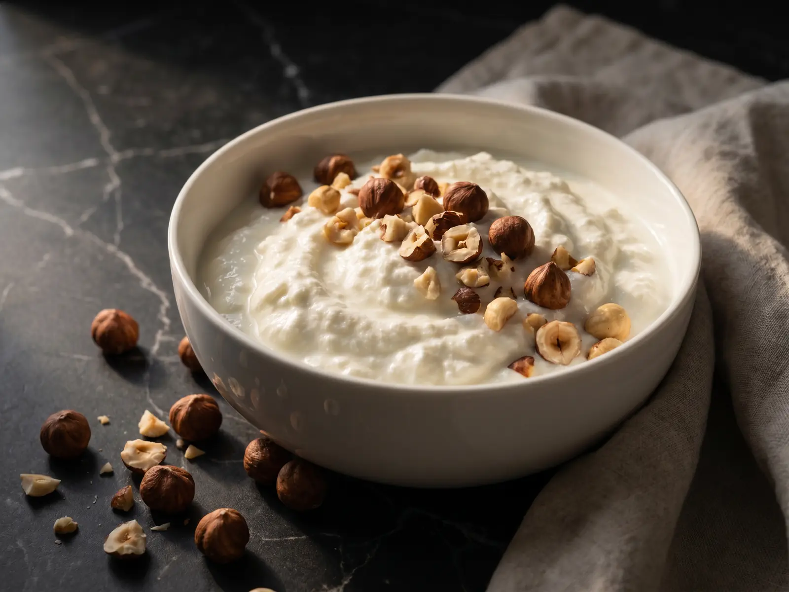 yaourts grec Yaourt crémeux dans un bol blanc sur marbre noir, avec des noisettes et une lumière naturelle.