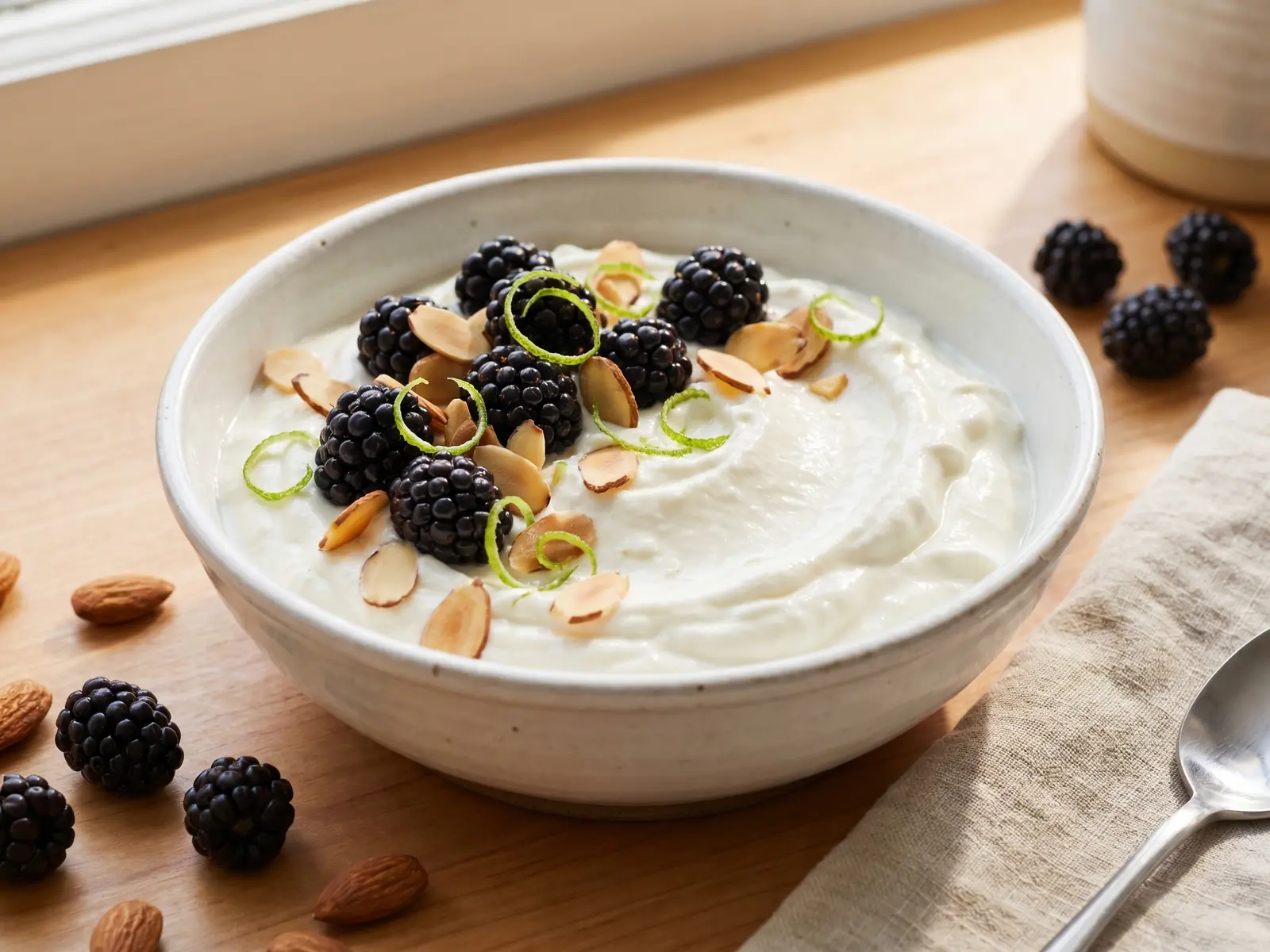 kefir yaourt Bol de yaourt garni de mûres, d’amandes effilées et de zestes de citron vert en lumière douce.
