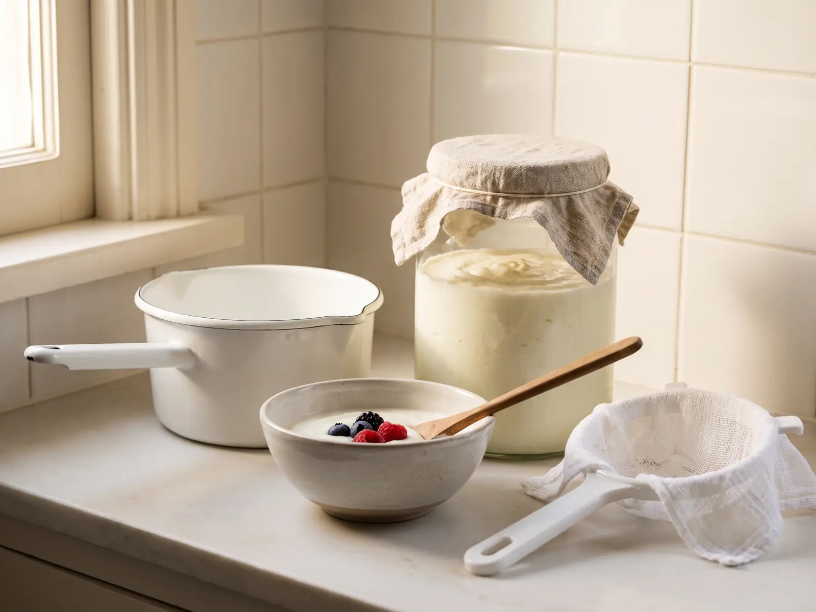 Casserole &eacute;maill&eacute;e blanche pr&egrave;s d&rsquo;un bocal de yaourt couvert d&rsquo;un tissu, sur fond d&rsquo;azulejos clairs.