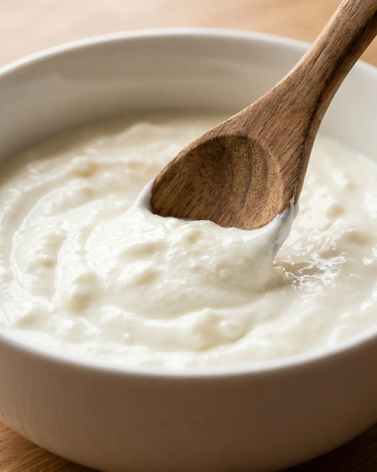 kefir yaourt bienfaits Cuillère en bois plongée dans un yaourt très épais, avec le bord d’un bol blanc à peine visible.