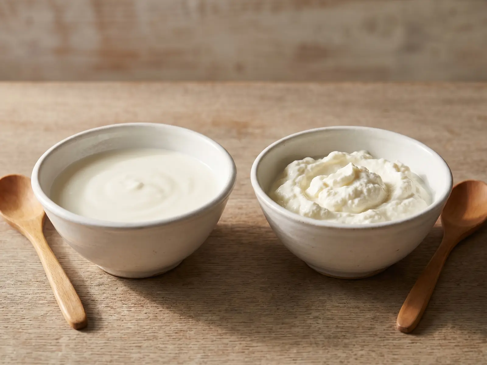 grec yaourt Deux bols blancs comparent un yaourt crémeux et un yaourt égoutté, avec des cuillères en bois.