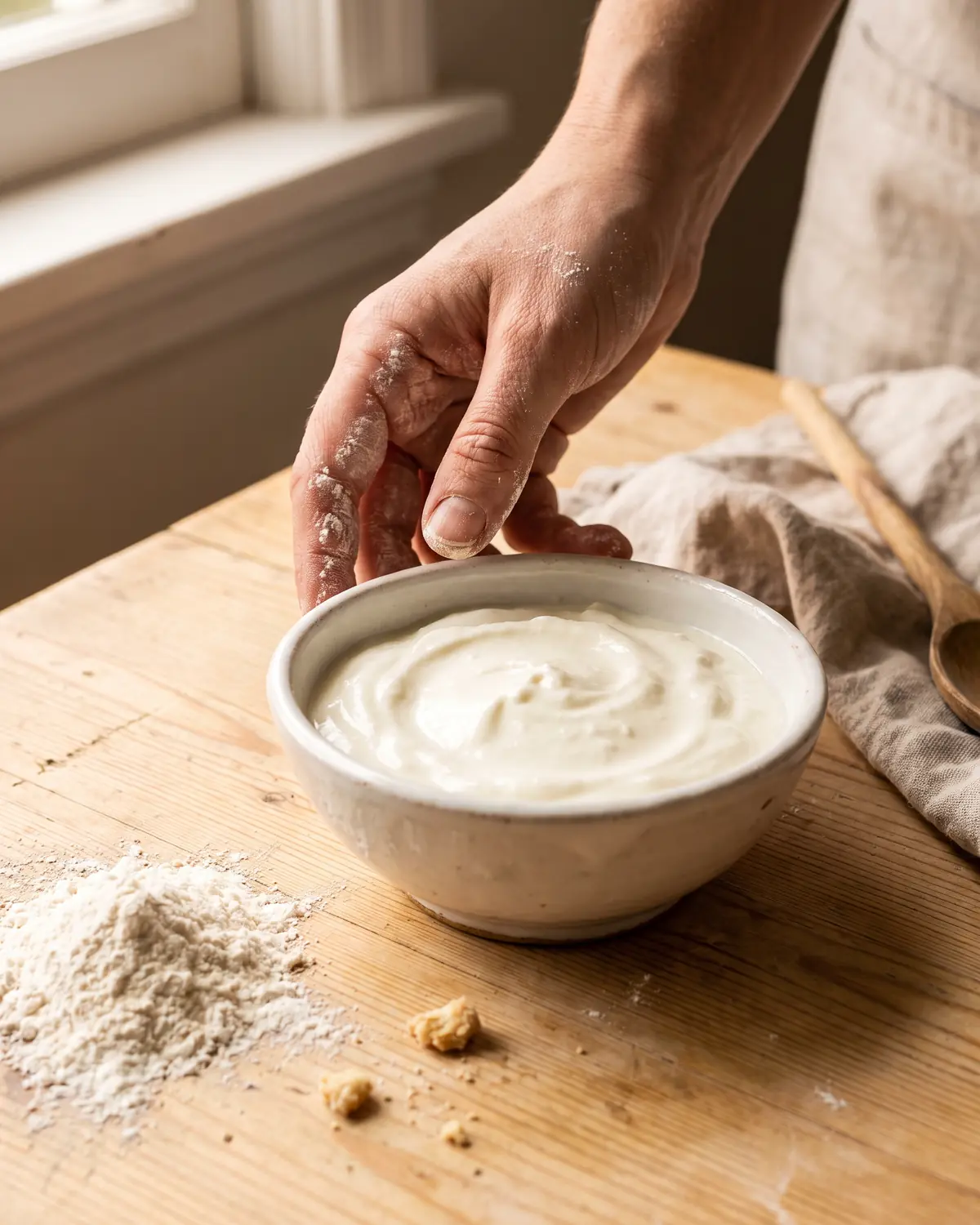 Doigts farin&eacute;s pr&egrave;s d&rsquo;un bol de yaourt utilis&eacute; pour une p&acirc;te, sur bois clair avec une lumi&egrave;re de cuisine