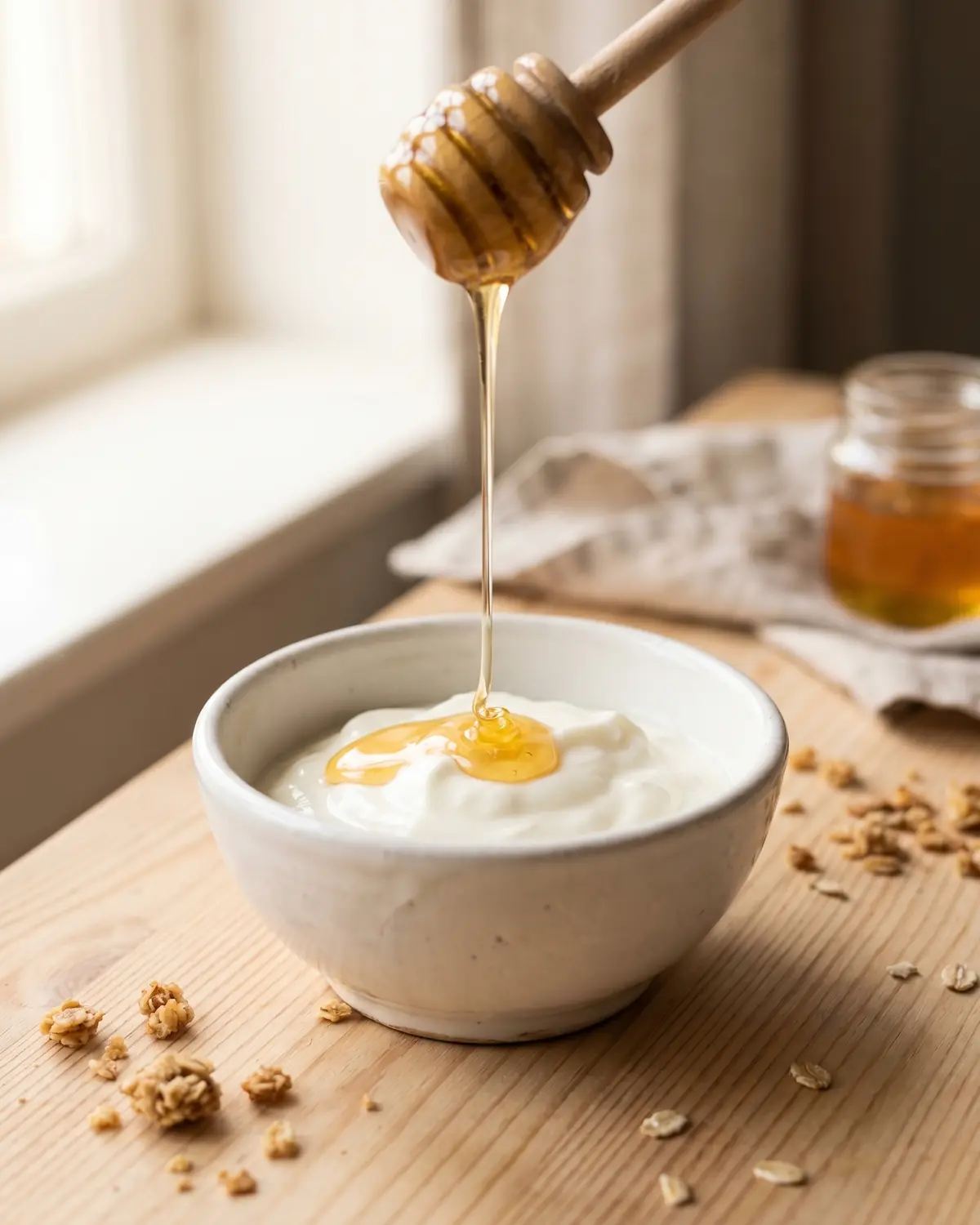 kefir yaourt Gros plan d’un filet de miel doré qui tombe sur un yaourt onctueux dans un bol.