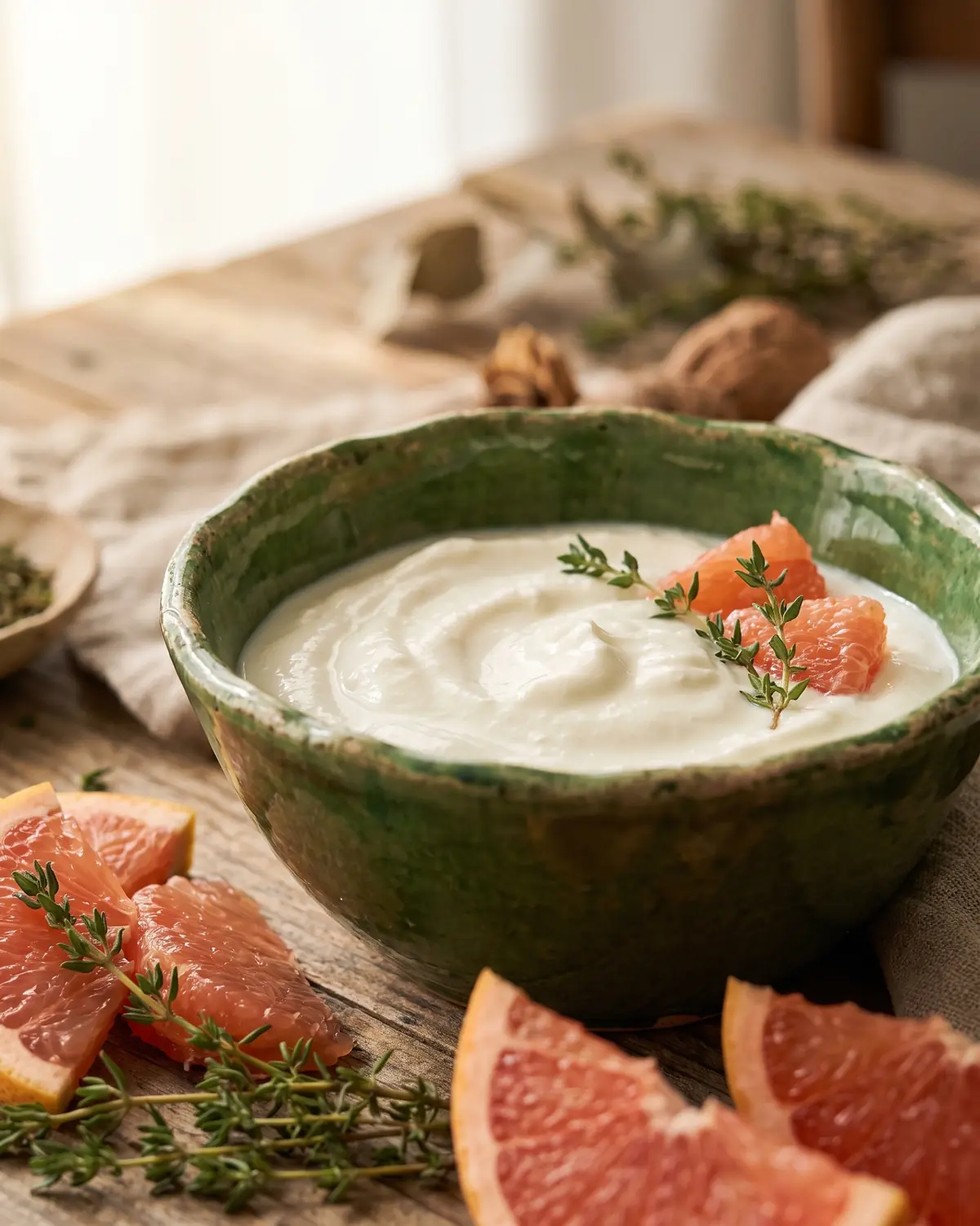 Bord d&rsquo;un bol vert garni de yaourt, de pamplemousse rose et de thym frais au premier plan.