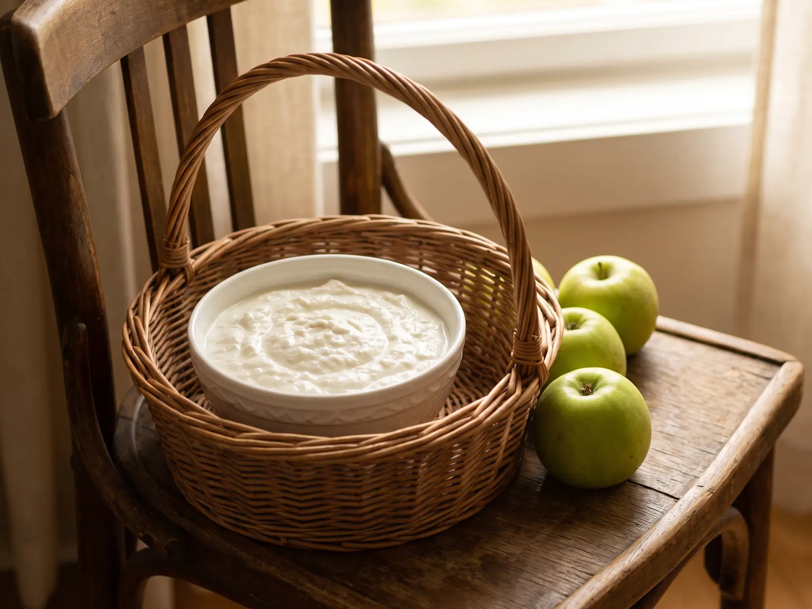 meilleur ferment lactique pour yaourt Cesto de mimbre avec un bol de yaourt maison et des pommes vertes posées à côté.