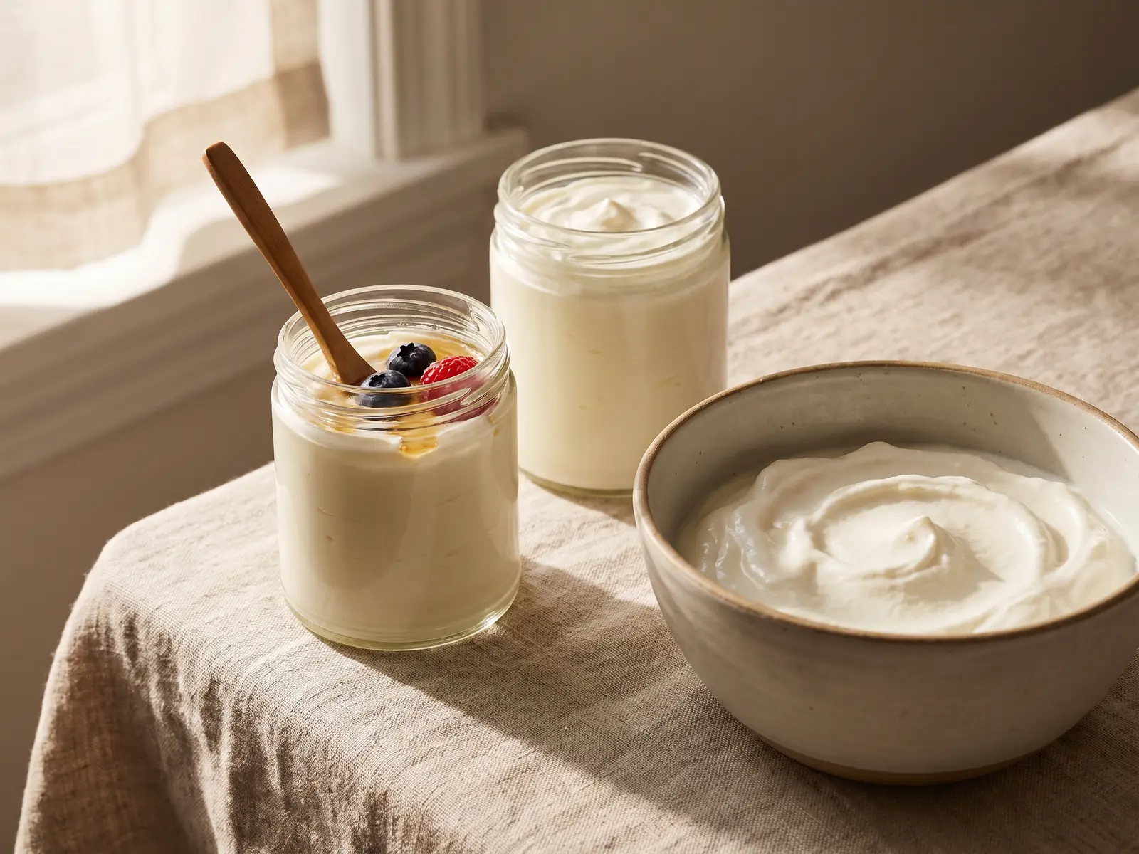 yaourt maison avec ferment lactique Deux yaourts maison dans des récipients simples, avec un bocal en verre et un bol blanc sur une nappe écrue.