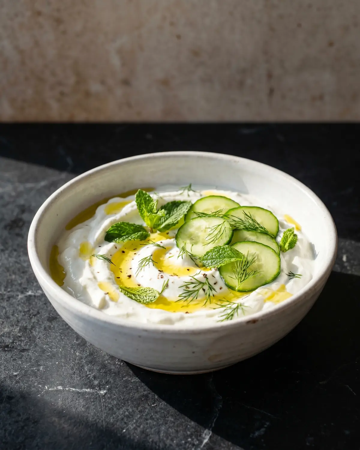 grec yaourt Yaourt salé au concombre et à la menthe dans un bol blanc posé sur un marbre noir mat.