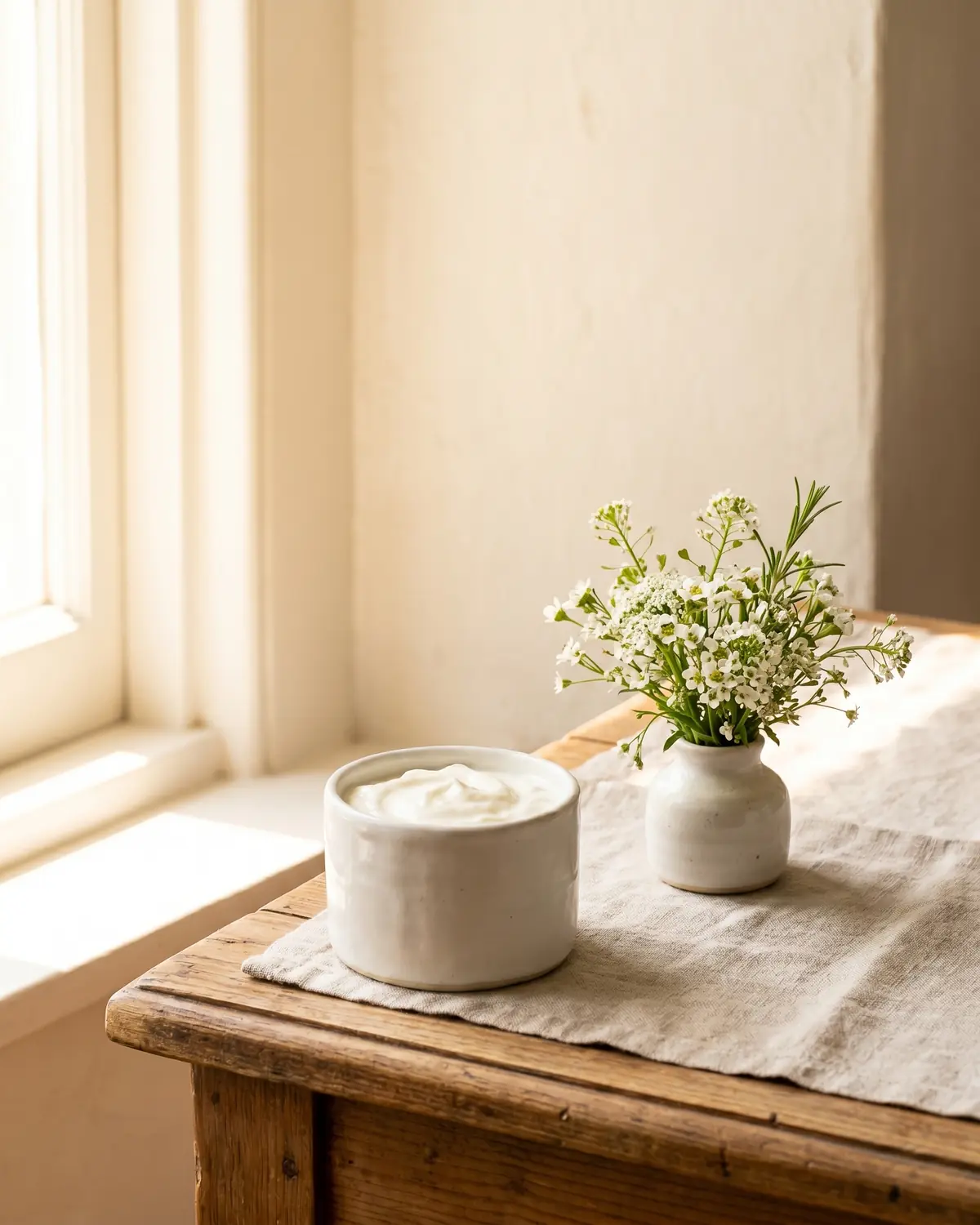 yaourts grec Yaourt épais dans une tasse blanche près de petites fleurs, éclairé par une fenêtre sur fond clair.
