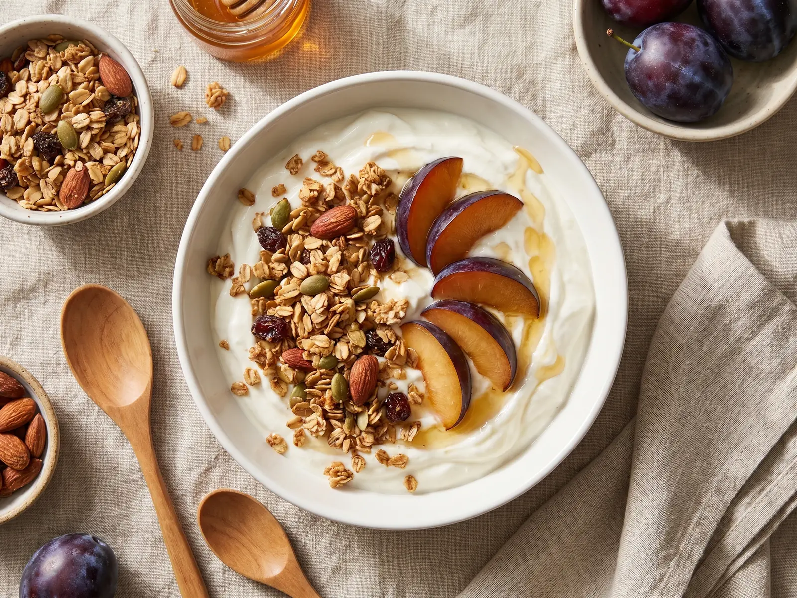 skyr kefir Bol de yaourt avec granola maison et prunes, vu du dessus sur un tissu en lin naturel