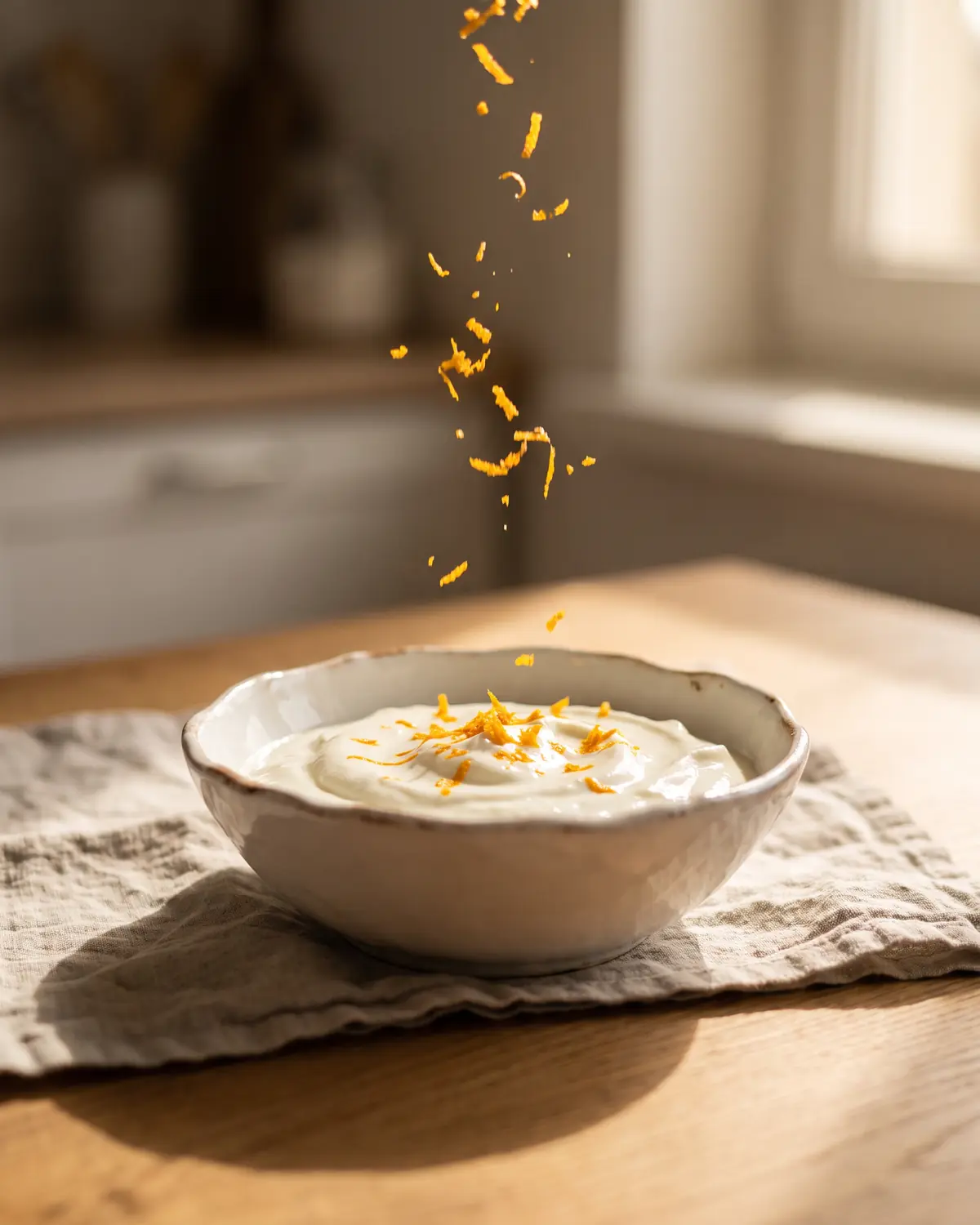 yaourt maison avec ferment lactique Zeste d’orange tombant sur un yaourt lisse dans un bol blanc, avec une ombre chaude en arrière-plan.